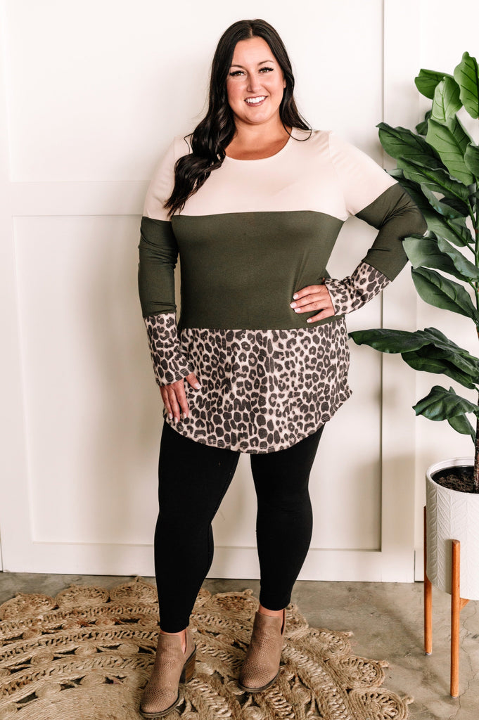 Color Block Tunic With Button Detailed Back In Olive & Animal Print