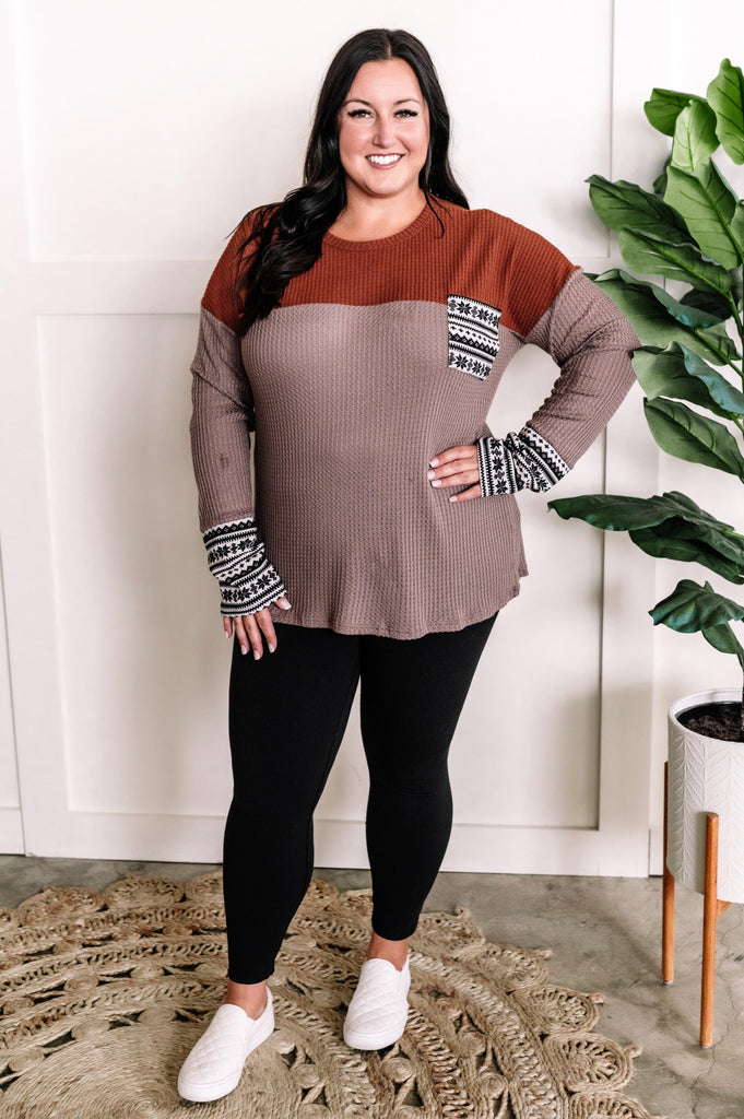 Waffle Knit Long Sleeve Top In Rust & Beige With Snowflake Detail