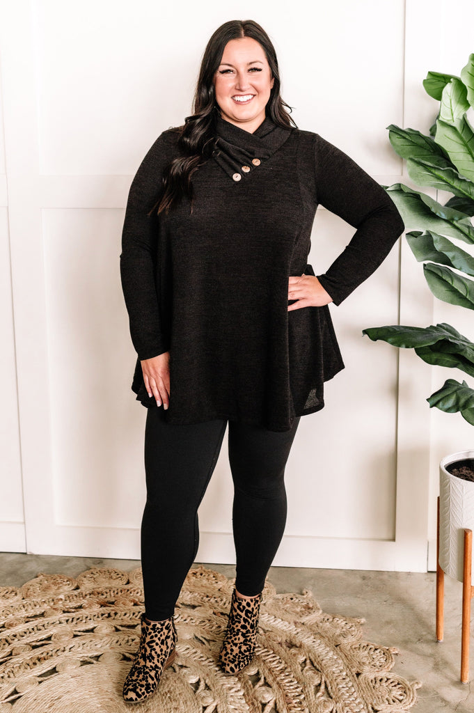 Crossover Cowl Neck Fit & Flare Tunic Sweater In Black