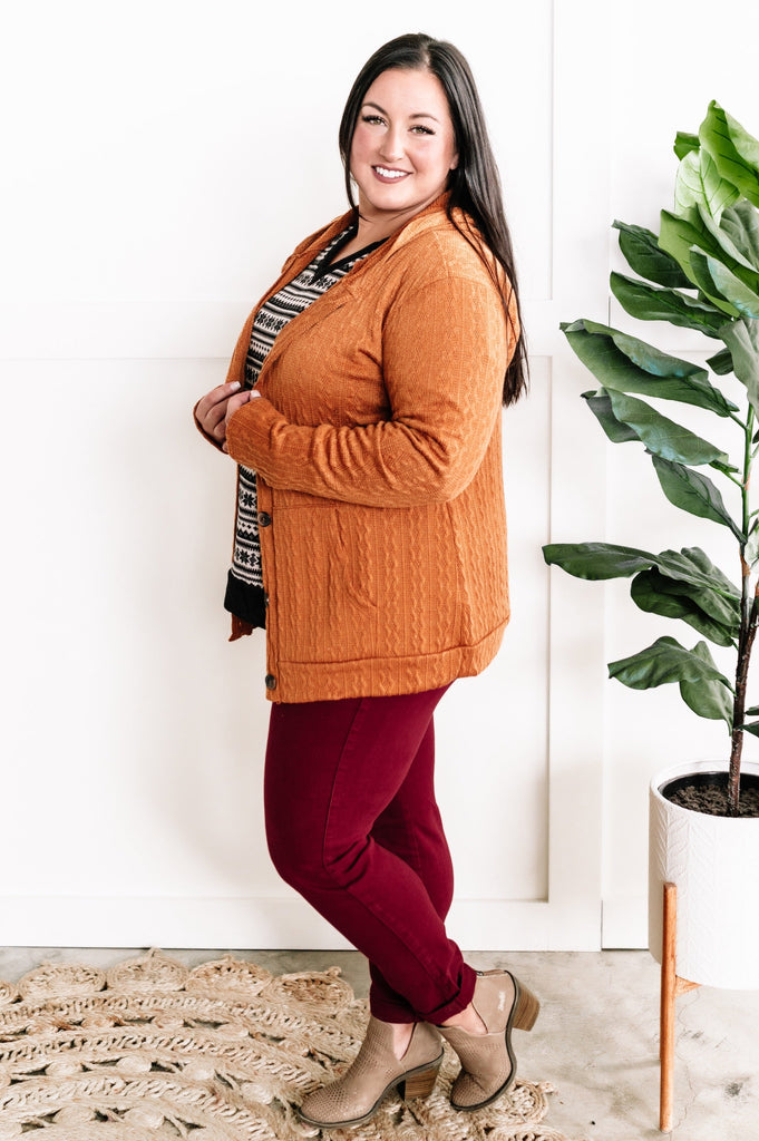 Cable Knit Hooded Cardigan In Burnt Orange