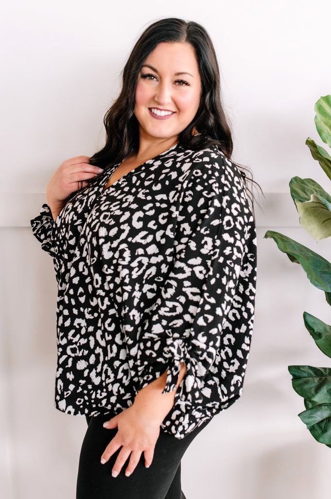 Dolman Sleeve Blouse With Bow Sleeve In Black & White Animal Print