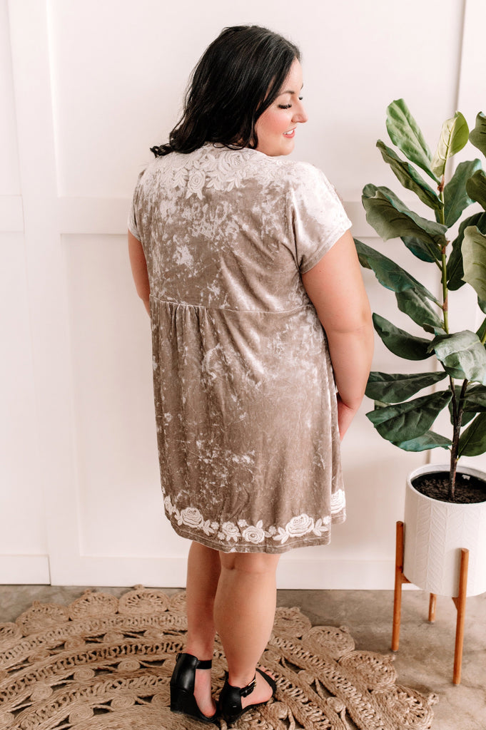 Crushed Velvet Embroidered Surplice Dress In Champagne Florals