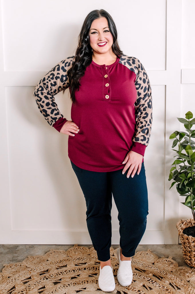 Long Sleeve Button Front Henley In Burgundy & Leopard