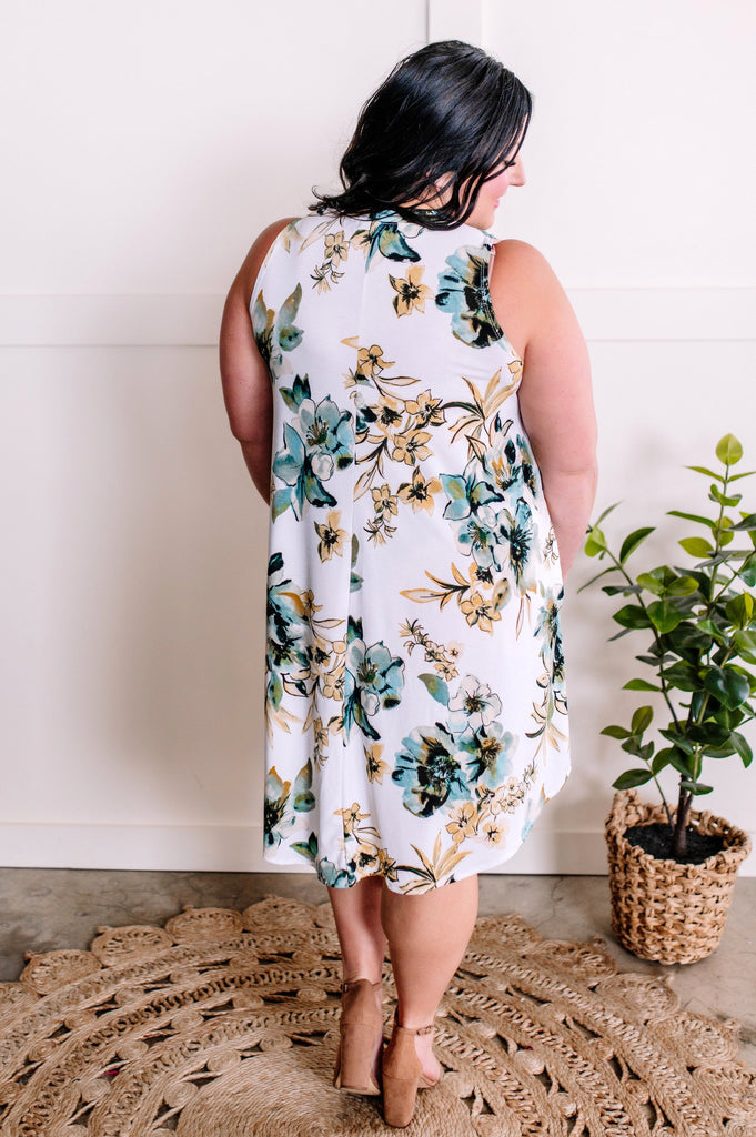 Sleeveless Shift Dress With Pockets In Teal, Yellow & Ivory Florals