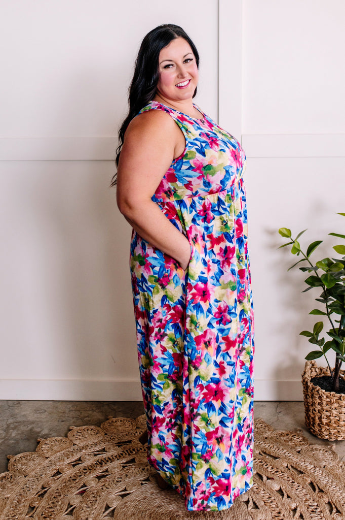 Maxi Dress With Pockets In Bright Neon Floral