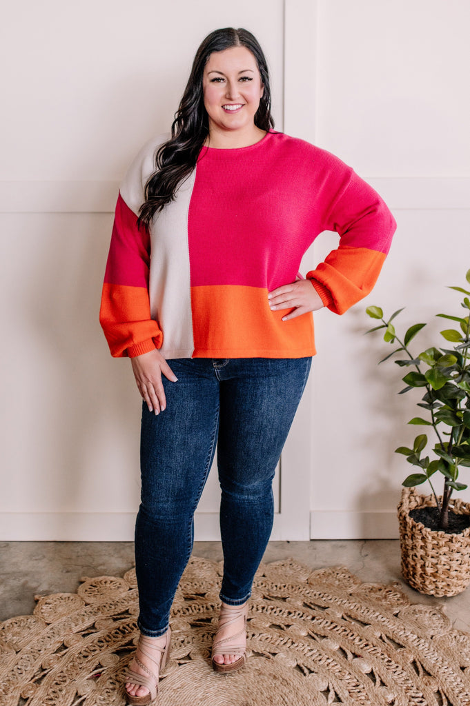 Colorblock Knit Sweater In Hot Pink, Orange & Ivory