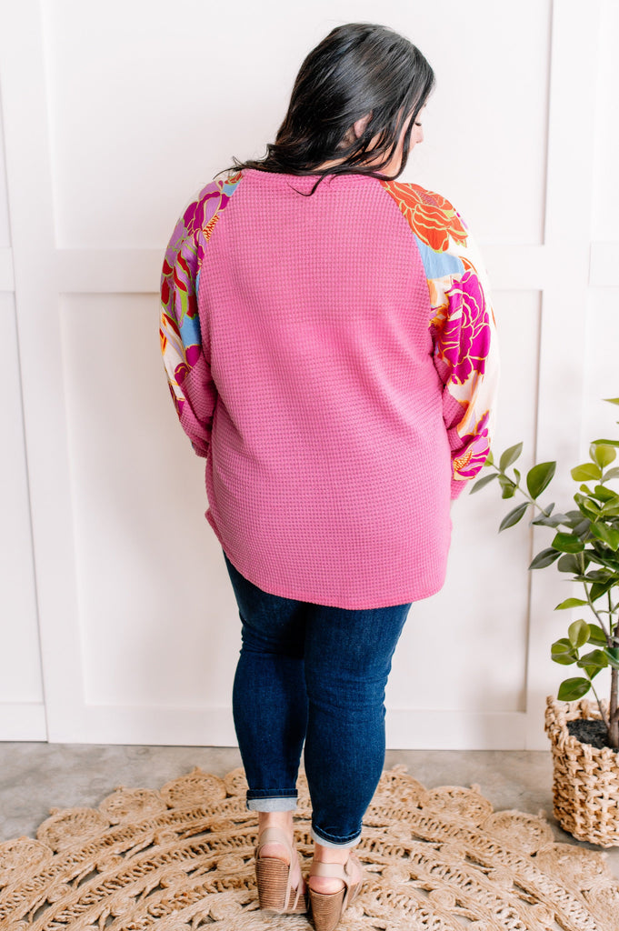 Waffle Knit Top With Floral Sleeves In Pretty Pink