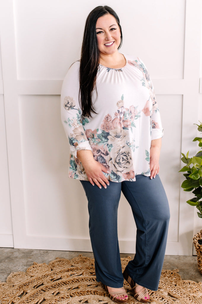 Three-Quarter Sleeve Top With Button Detail In Ivory Florals