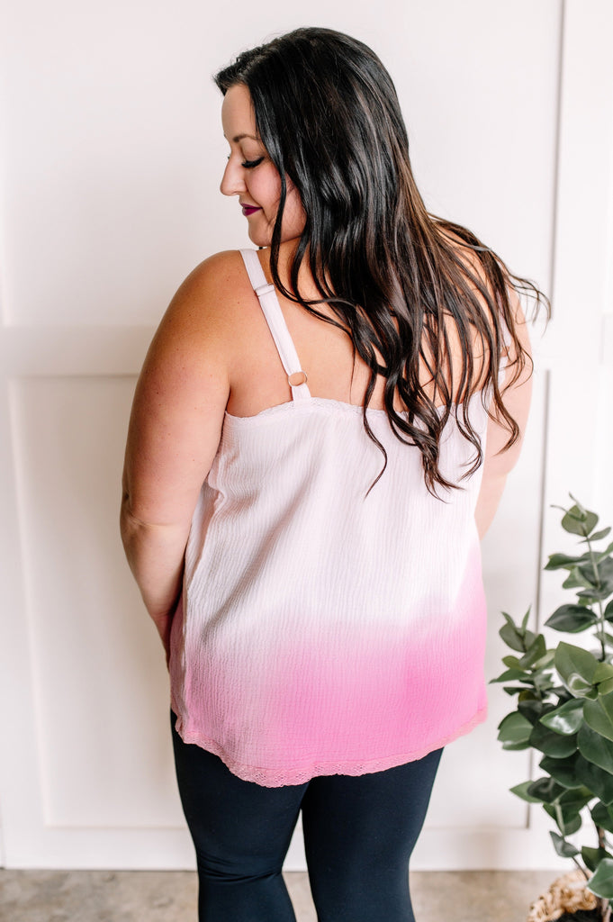 Lace Sleeveless Top In Pink Ombre With Crochet Trim