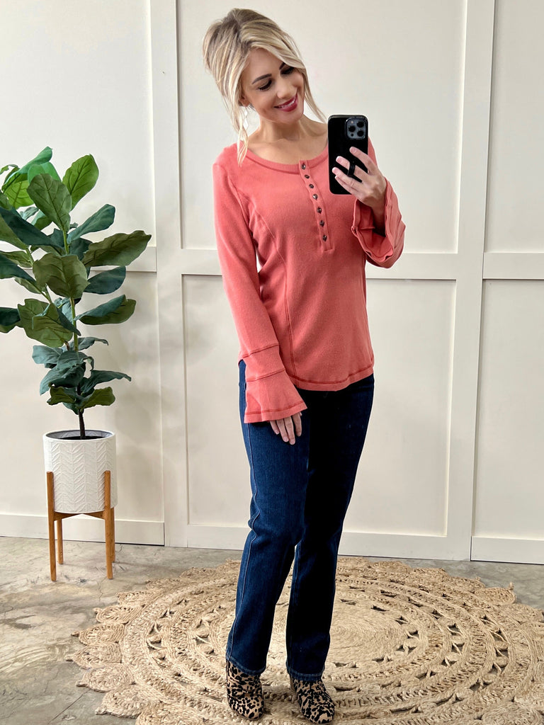 Button Front Long Sleeve Henley Top In Rose