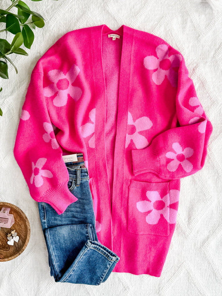 Open Front Knit Cardigan With Pockets In Hot Pink Florals