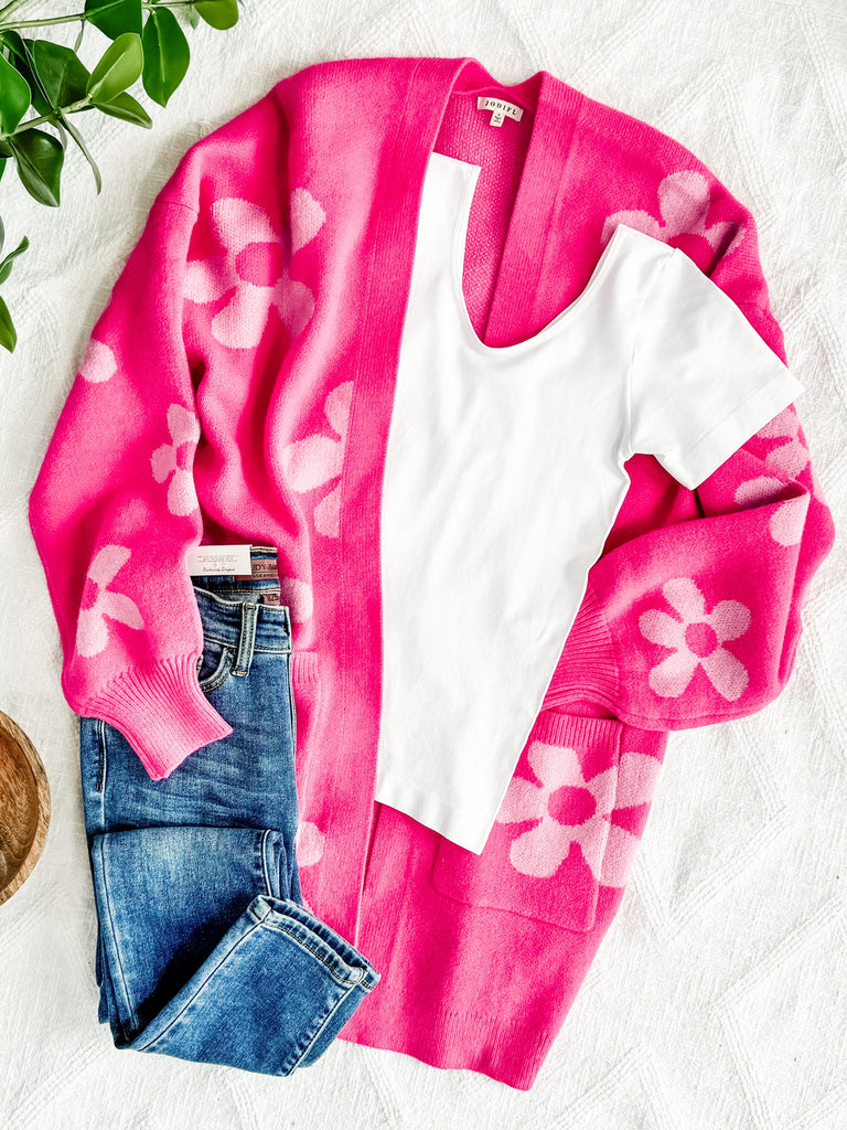 Open Front Knit Cardigan With Pockets In Hot Pink Florals