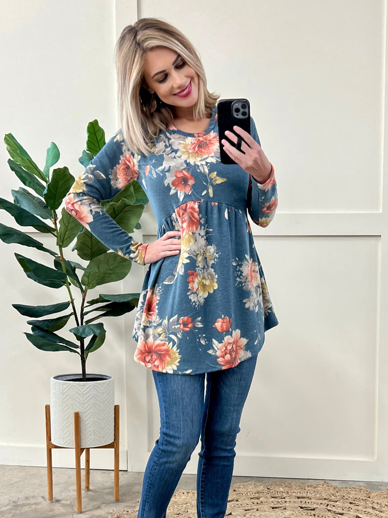 Long Sleeve Babydoll Top In Blue Florals