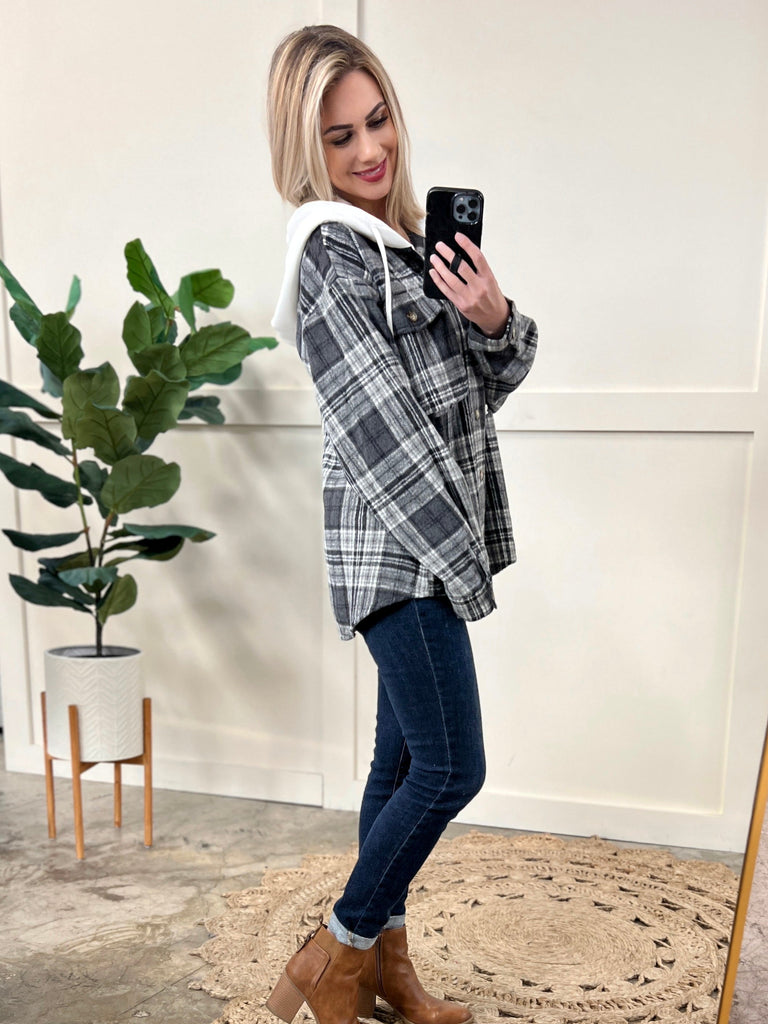 Hooded Flannel Shacket In Grey Plaid