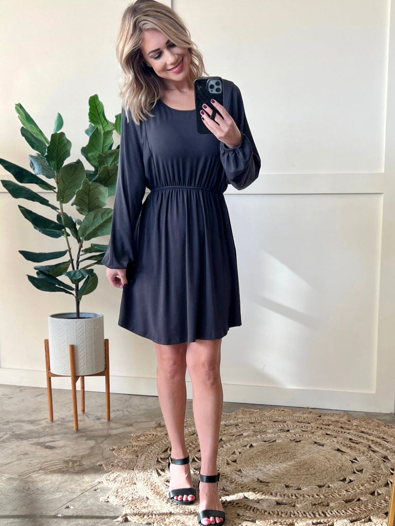 French Gray Swing Dress With Flattering Seam Lines