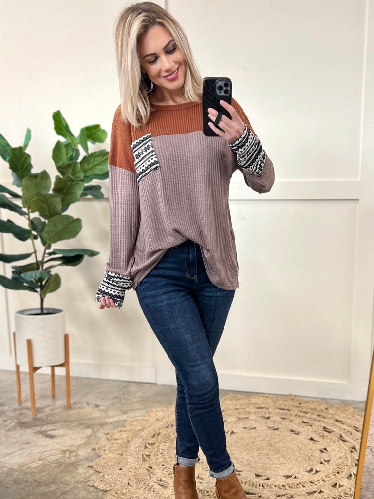 Waffle Knit Long Sleeve Top In Rust & Beige With Snowflake Detail