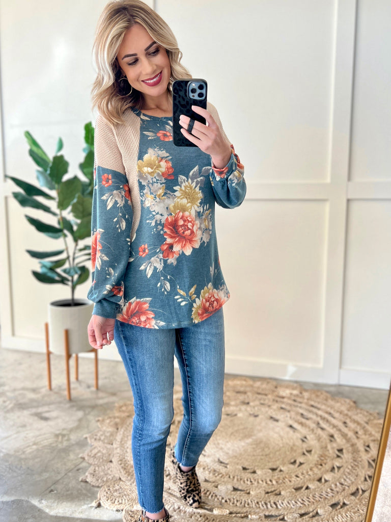 Long Sleeve Color Block Top In Cream With Blue Florals