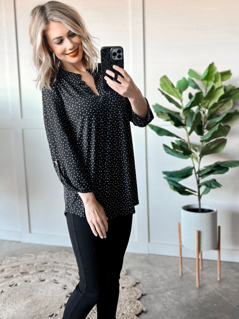 Gabby Front Top With Button Sleeve Detail In Black Polka Dots
