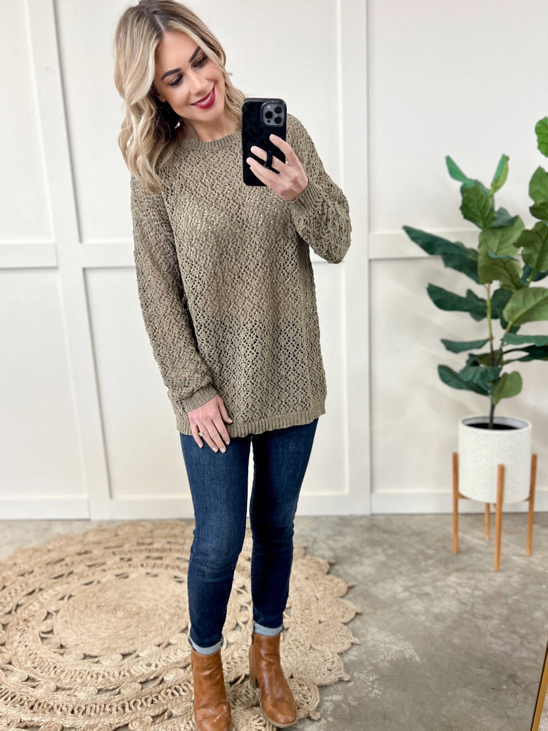 Chenille Cable Knit Sweater In Olive