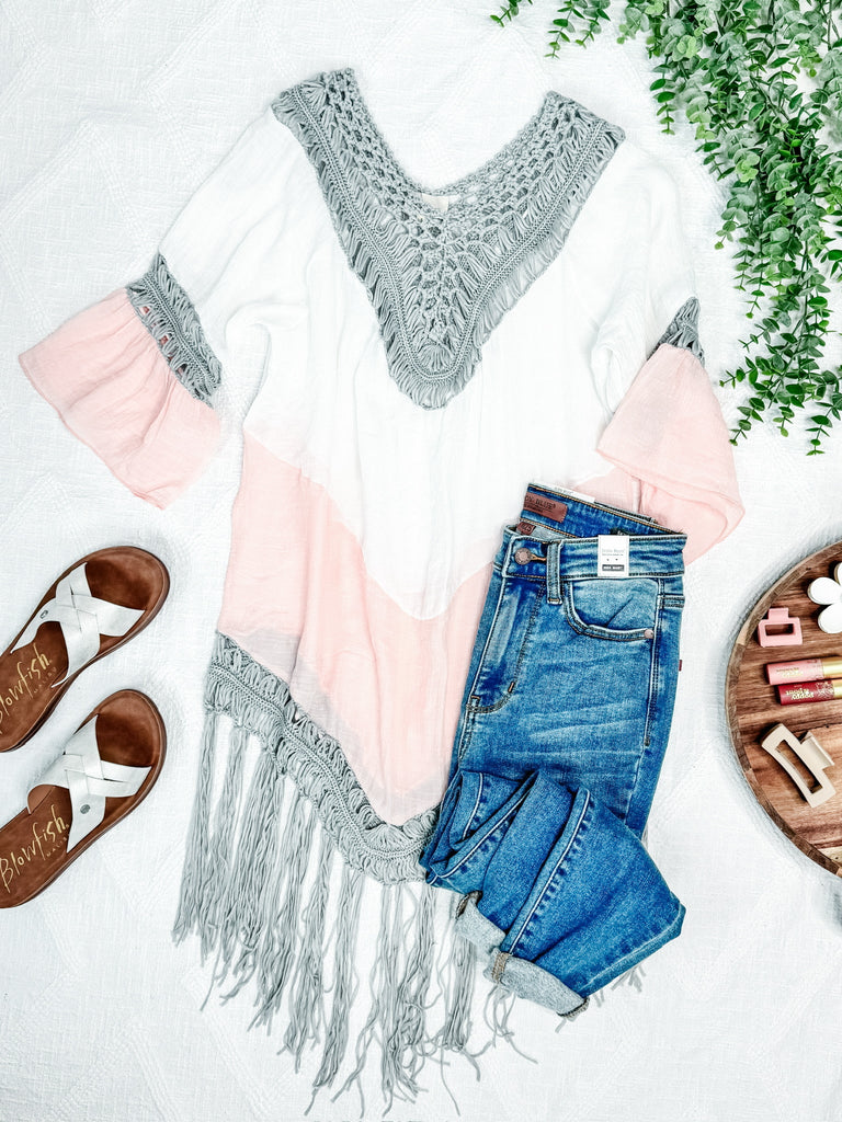 Cover You Up With Fringe In Pink, White & Gray
