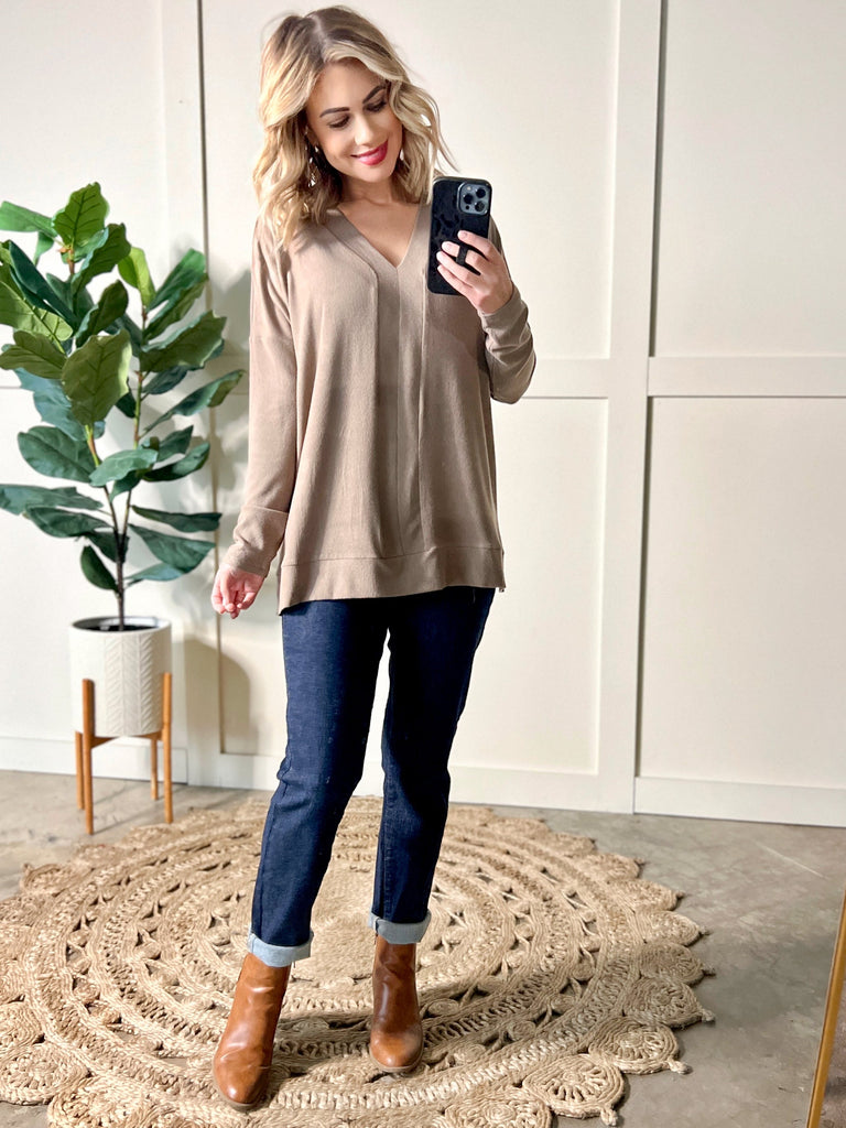 Long Sleeve V Neck Tunic Top In Beige