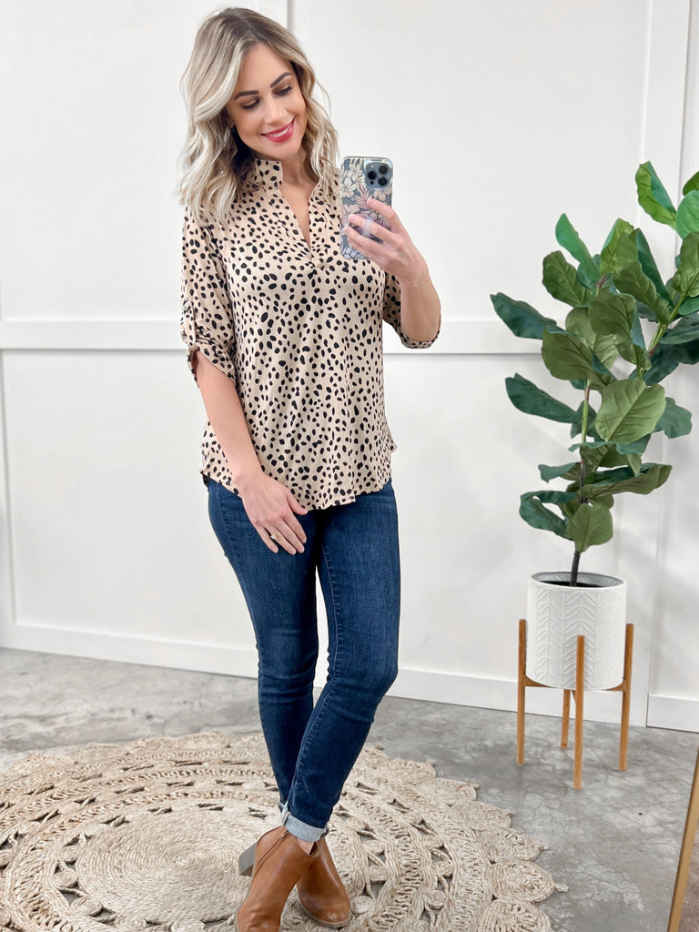 Gabby Front Top With Button Sleeve Detail In Leopard