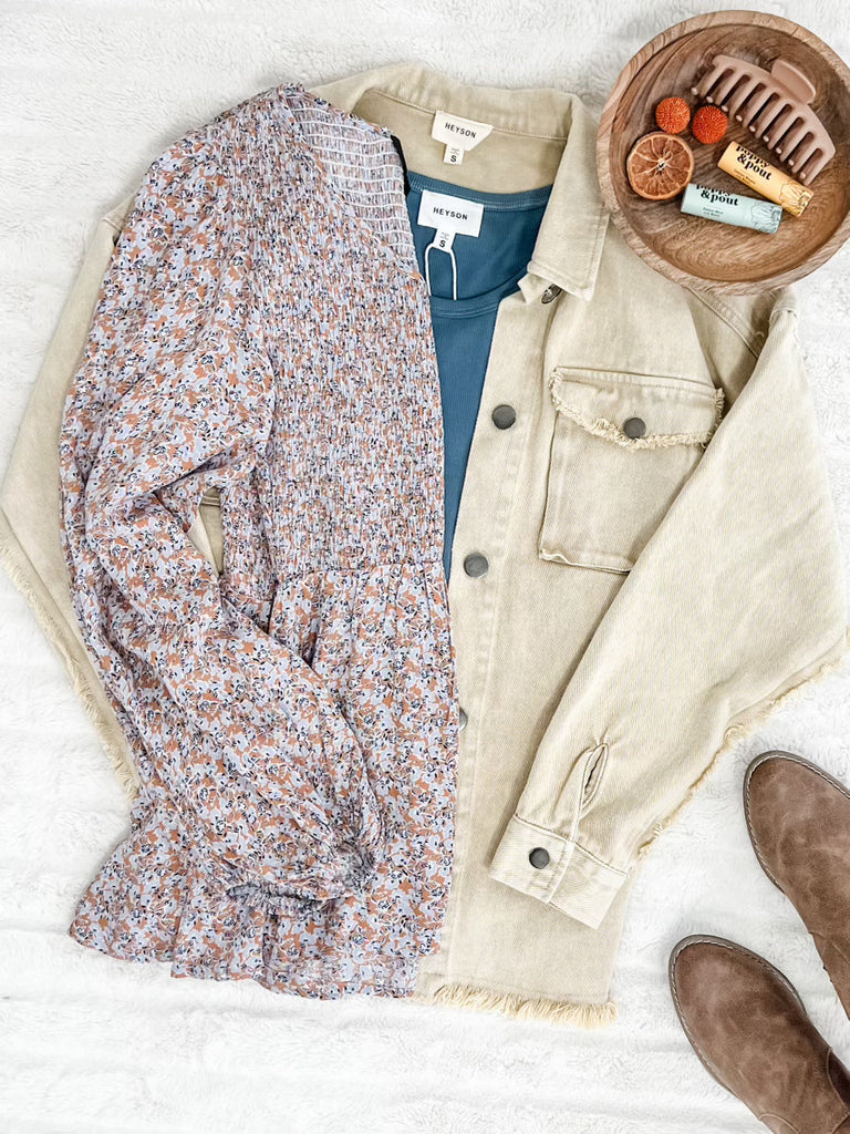 Mineral Wash Button Down Denim Jacket In Fall Pear