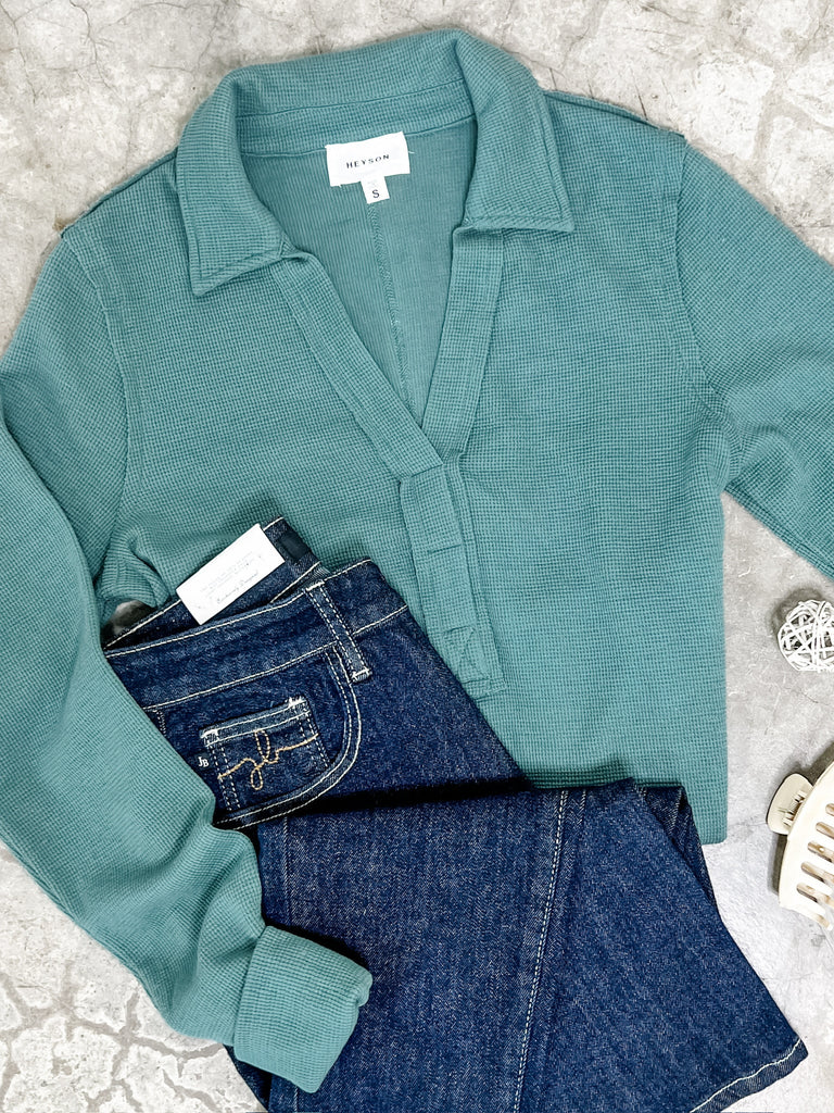 Collared Long Sleeve Thermal Knit Top In Teal