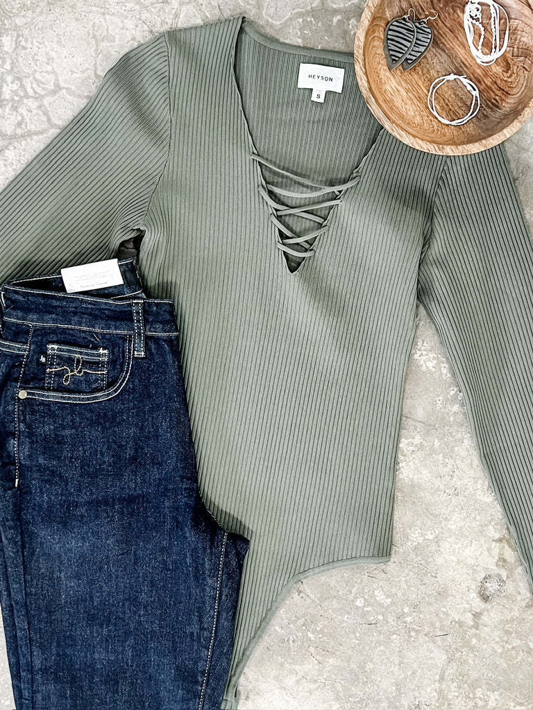 Lace Up Long Sleeve Bodysuit In Olive