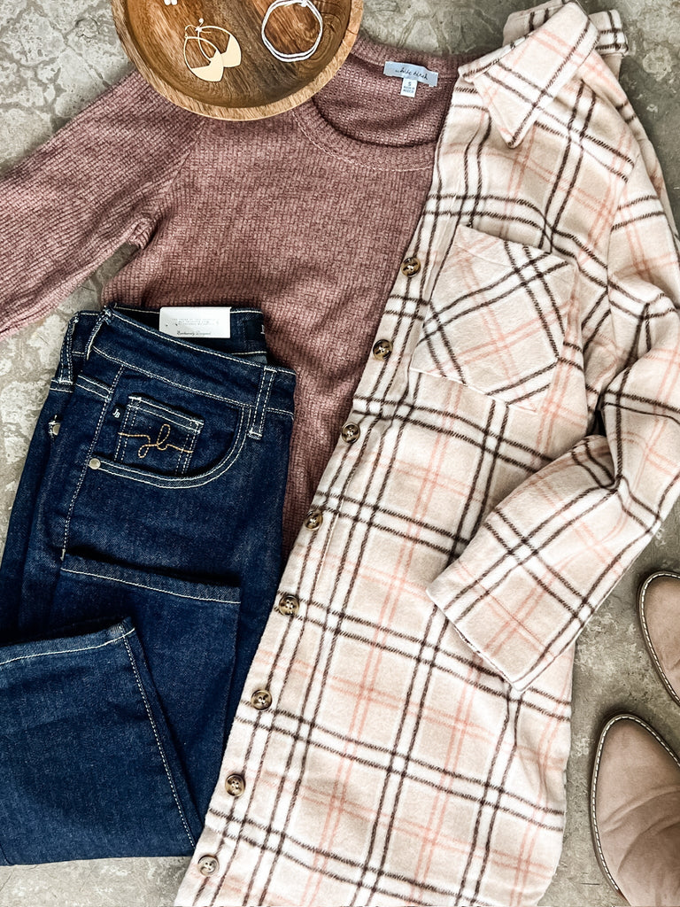 Plaid Button Up Tunic In Beige & Pink