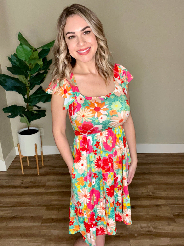 Square Neck Flutter Sleeve Dress In Bright Under The Sea Florals