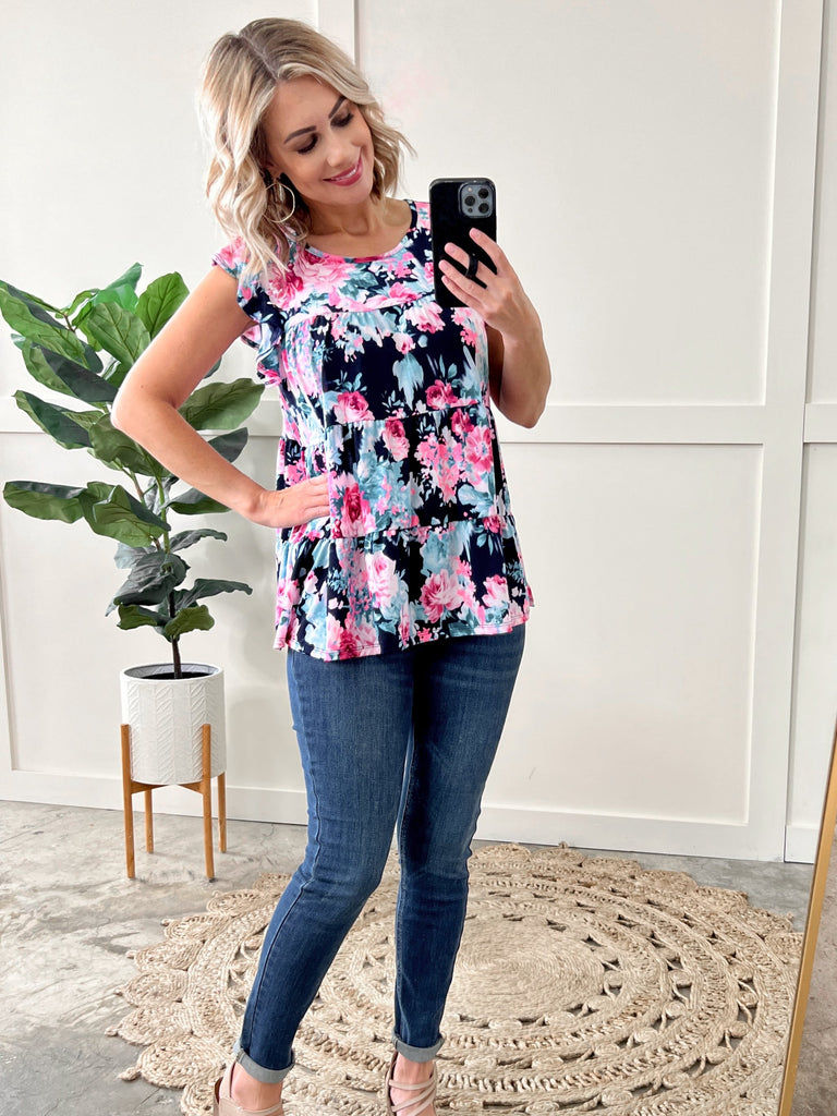 Tiered Floral Tunic Top In Neon Pink & Navy