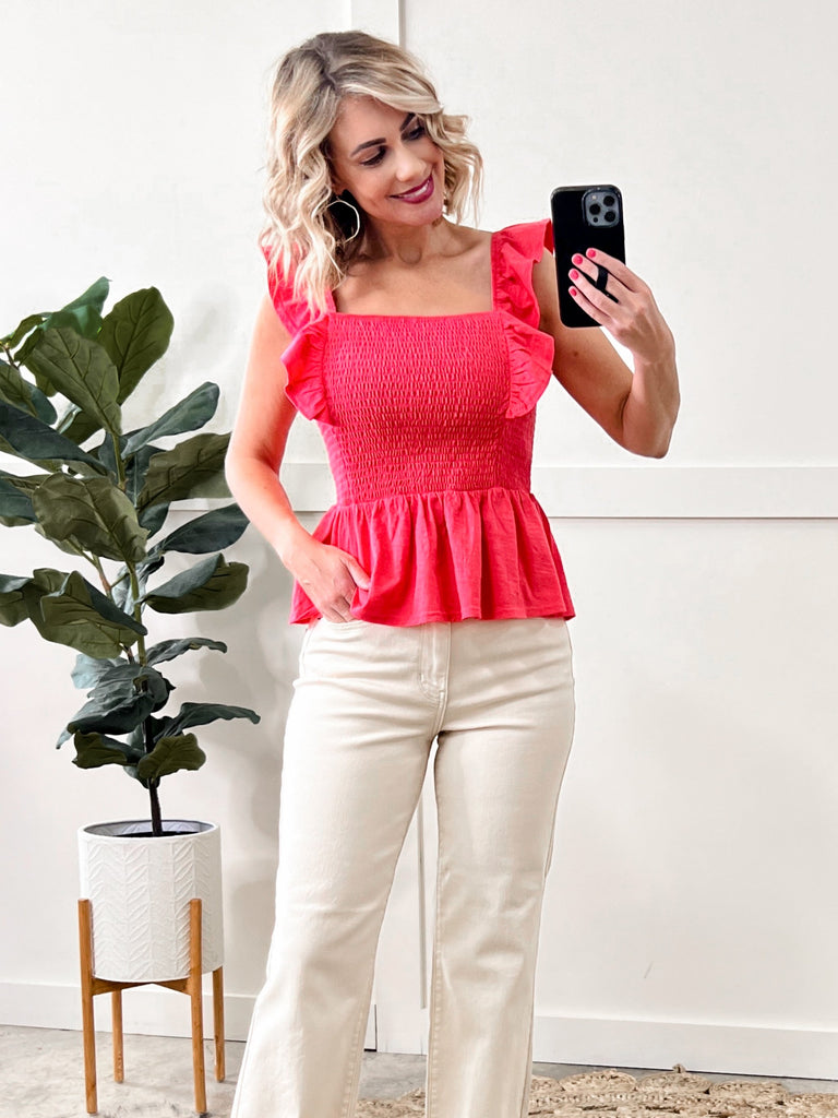 Smocked Sleeveless Top With Ruffle Detail In Watermelon
