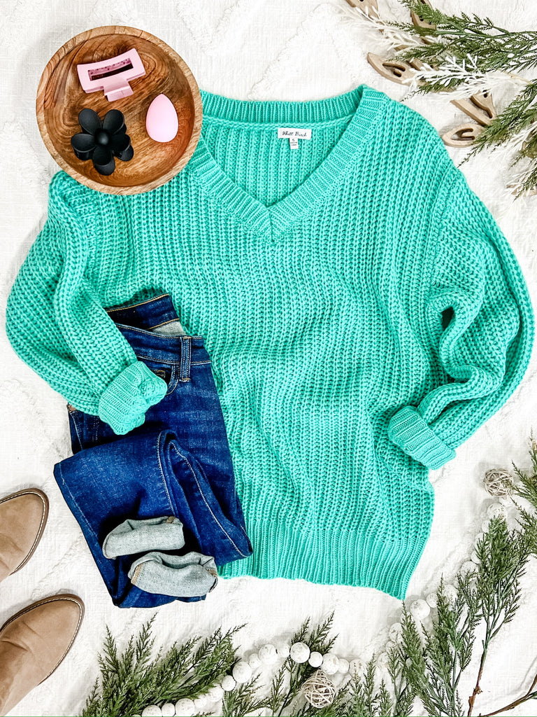 Open Knit V Neck Sweater In Aqua