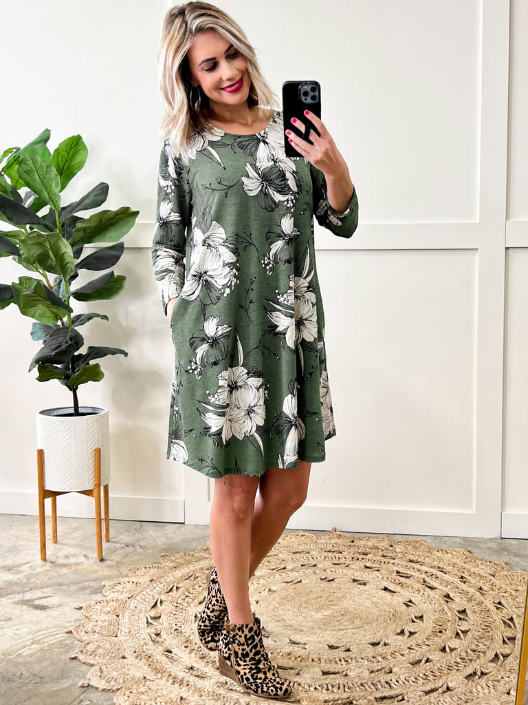 Olive Floral Long Sleeve Shift Dress With Pockets