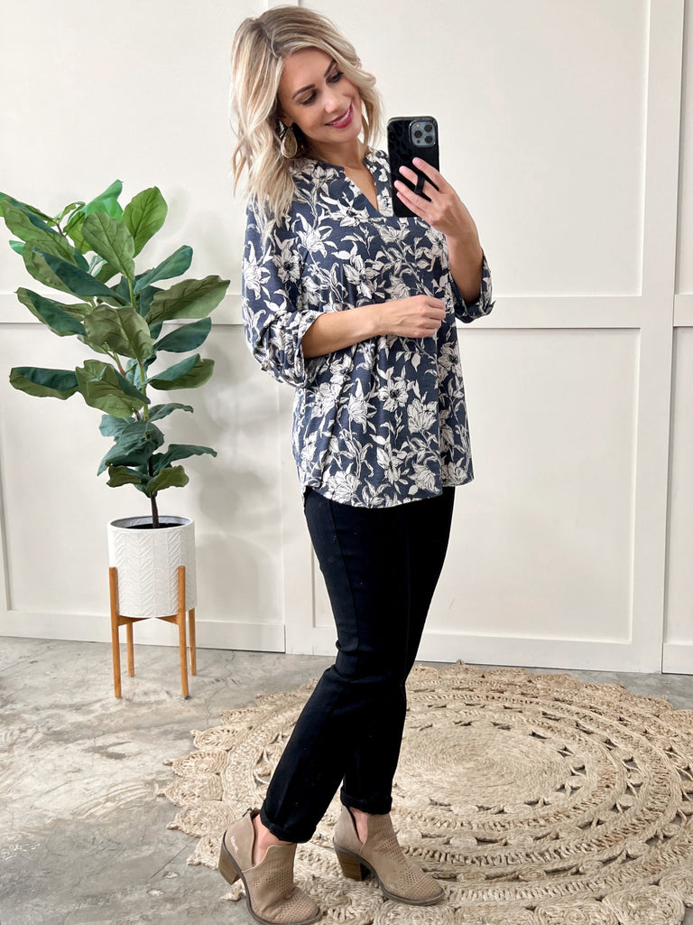 Gabby Front Top With Button Sleeves In Slate Florals