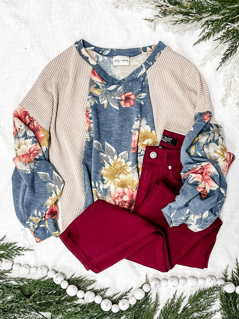 Color Block Top In Cream With Blue Florals