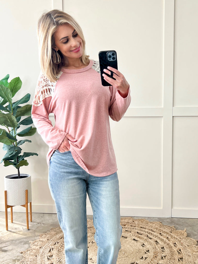 Long Sleeve Top With Crochet Detail In Heathered Pink