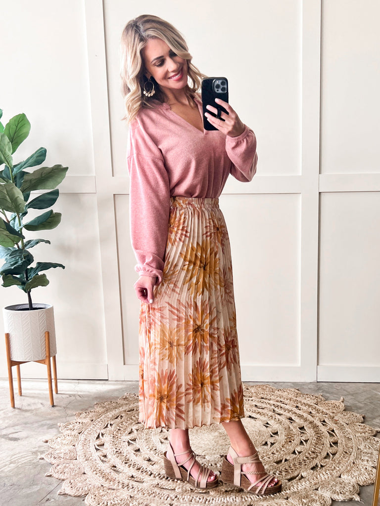 Pleated Skirt In Neutral Painted Florals