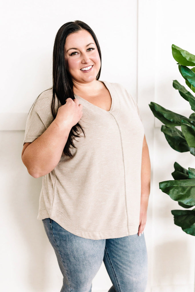 V Neck Dolman Sleeve Knit Top In Heathered Taupe