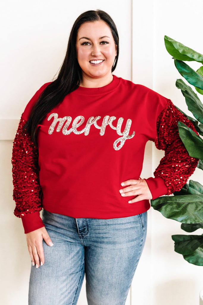 Merry Sequin Detailed Pullover In Holiday Red
