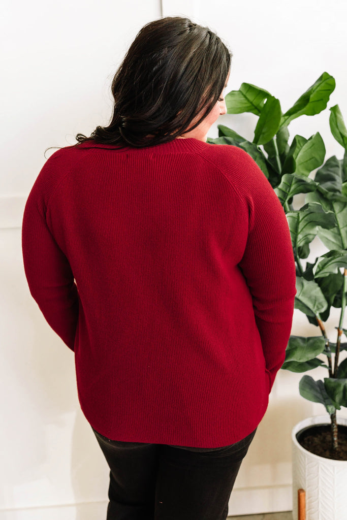 V Neck Knit Sweater With Side Button Detail In Red