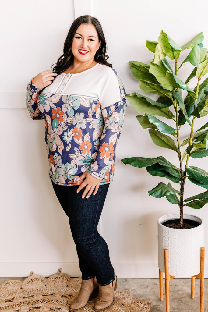 Minky Soft Button Front Top In Fresh Air Floral Print
