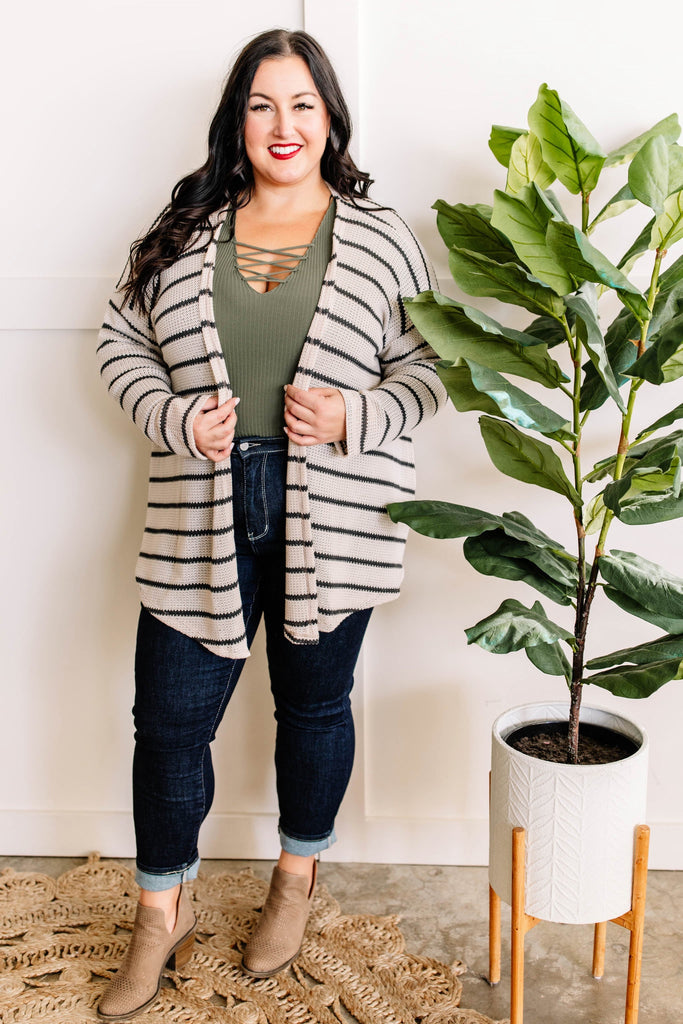 Knit Cardigan With Pockets In Beige & Charcoal Stripe