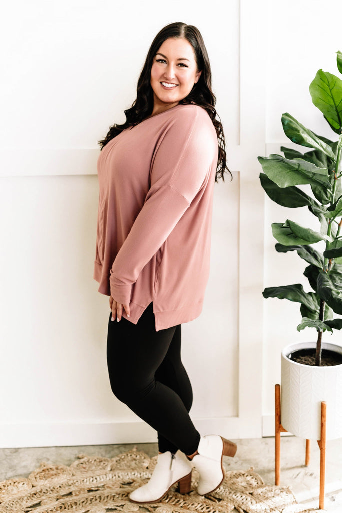 Long Sleeve V Neck Tunic Top In Dusty Rose