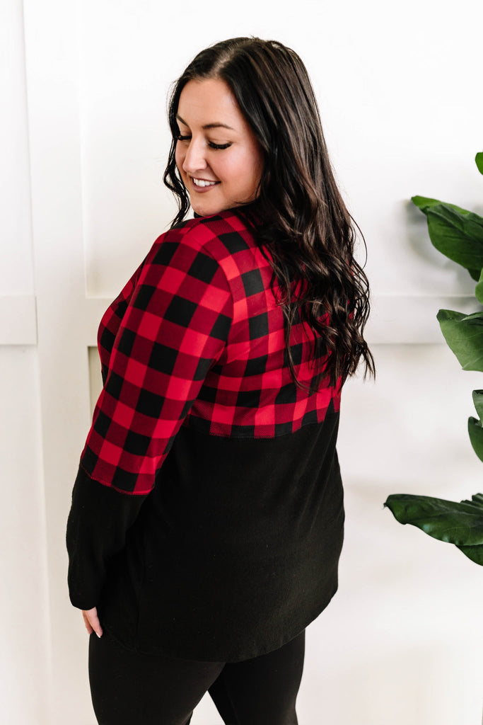 V Neck Buffalo Plaid Top In Red & Black