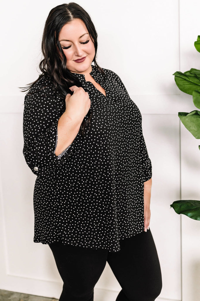 Gabby Front Top With Button Sleeve Detail In Black Polka Dots